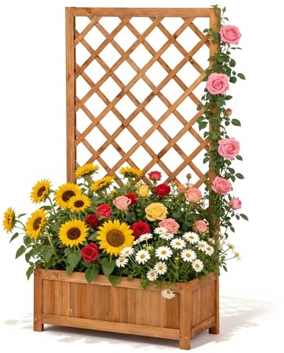 Aiuola rialzata con traliccio in legno, fioriera con supporto per piante rampicanti, aiuola verticale da giardino per fiori, verdure ed erbe, fioriera per balcone, terrazza e giardino, altezza 120 cm