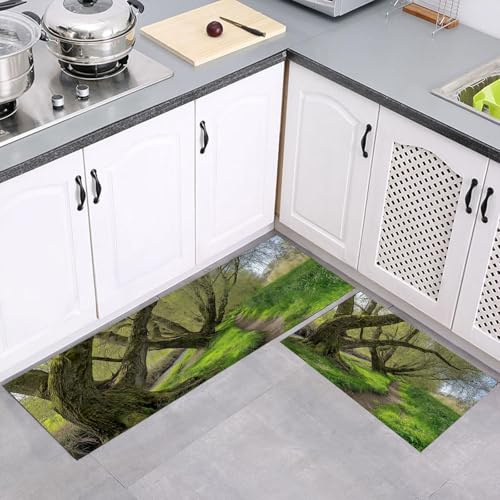 MULERN Set di 2 Tappeti da Cucina Antifatica, Tappetini Riva Del Fiume Salici per Della Casa e l'ufficio, Impermeabili Antiscivolo, Verde salvia Tappetini da Cucina Campagna Foresta, 40x60cm+40x120cm