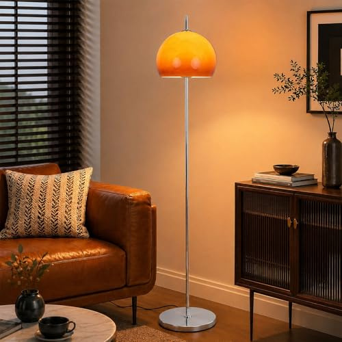 KlkrzJwy Orangefarbene Pilz-Stehlampe 161 CM Mit Glaskugel Für Wohnzimmer | Mid-Century Modern, Sunset-Glaskugel, E27, 3 Farbtemperaturen, Fußschalter, Hohe Chromstange Für Schlafzimmer Und Büro