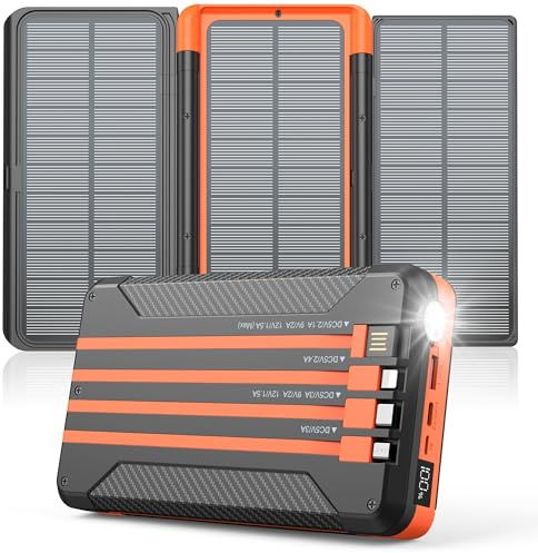 Chargeur Solaire Power Bank 46800mAh avec 4 Câbles Intégrés, 3 Panneaux Solaires Pliables, Chargeur Portable Rapide PD20W, Affichage LED, Entrée/Sortie USB C, Batterie Externe avec Lumière SOS pour