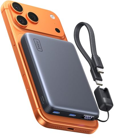 INIU 10000mAh Qi2.2 25W Wireless & 45W USB C Fast Charging Portable Charger | Detachable USB C Cable, Flight-Safe, Travel Essential, Magnetic Phone Essential Battery Pack for iPhone 17-12 Series