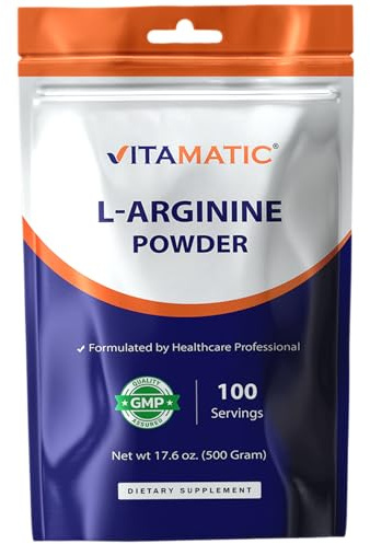 Vitamatic L-Arginine Pure Powder 500 Gram | Unflavored | Non GMO | Gluten Free | No Additives | 5000mg Per Serving | 100 Servings