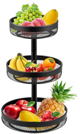 3-Stöckig runde Obst Etagere Schwarz, Elegante Obstkorb Brotkorb aus Metall | Obstteller Etagere für Obst, Snacks, Gemüse, Brot in Küche und Wohnzimmer