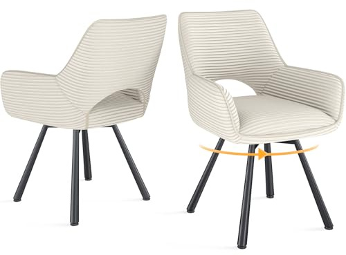 WAFTING Esszimmerstühle 2er Set Drehbar 360°,Armlehnstuhl,Küchenstuhl,Beige | Metallbeinen,Cord Stoff,Küchenstühle,Wohnzimmerstuhl,Polsterstuhl mit Samt,Esszimmer,Restaurant,Schlafzimmer,Konferenzraum