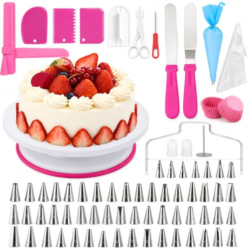 Aloxina Cake Decorating Kit 200pcs with Turntable & Piping Tips | Stainless steel piping tips, pastry bags and decorating tools for beginners, home bakers and celebrations.