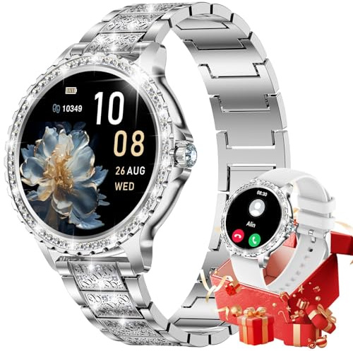 Smartwatch Damen mit Diamant, 1,32 HD Round Fitnessuhr mit Telefonfunktion, Herzfrequenz/Schlafmonitor, 500+ Ziffernblätter, IP68, 110+ Sportmodi Sportuhr Armbanduhr für Android iOS, Silber