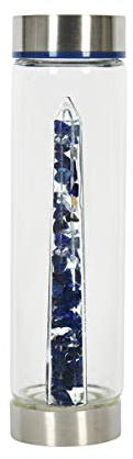 bewater Reusable gem Glass Water Bottle with a Chamber of Sodalite and Rock Crystal Gemstones at its core | Lead Free Glass | 500ml with a Wide Open Neck and Screw top lid. (bejoy Awareness)