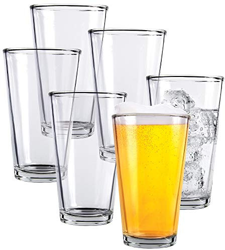 Kitchen Lux Pint Beer Glasses Set of 6 – 16 oz Tall Clear Drinking Glasses and All Purpose Tumblers – Heavy Base Cocktail, Water, Juice Glass – Pub Style Design For Home Dining, Bars, and Parties