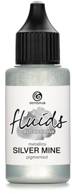 Octopus Fluids Alcohol Ink SILVER MINE, Metallic Silber, 30 ml | Metallic-Alkoholtinte für schimmernde Akzente in Alcohol Ink Art auf Yupo, Glas, Keramik und Metall