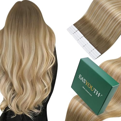 Easyouth Tape in Extensions Echthaar Balayage Blond #6/27/60 30cm | Extension Echthaar Tape Mittelbraun Mix Honigblond Ombre Platinblond, Weiche Textur, Leichtes Tragegefühl, 30g
