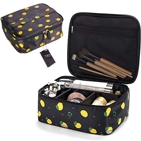 BryTravel Kosmetiktasche Tragbare Reise Make Up Tasche Wasserdicht Kosmetische Organizer Toilettenartikel Kosmetikbeutel mit einstellbaren Teiler für Mann und Frau (Schwarz Lemon)