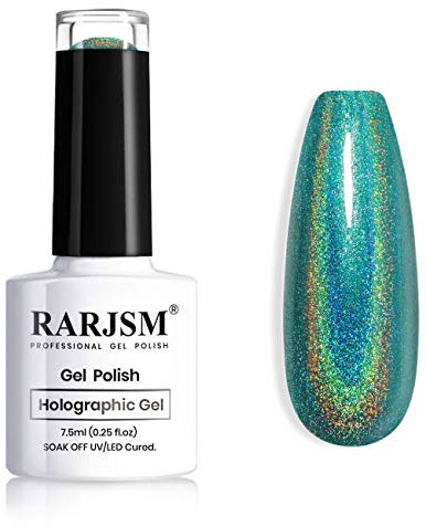 RARJSM Holographic Nail Polish Mermaid Green Reflective Glitter Nail Polish 1 Pack 0.25 Fl.oz Quick Dry by Nail Lamp with Rainbow Effect RAR77 for Nail Art Design