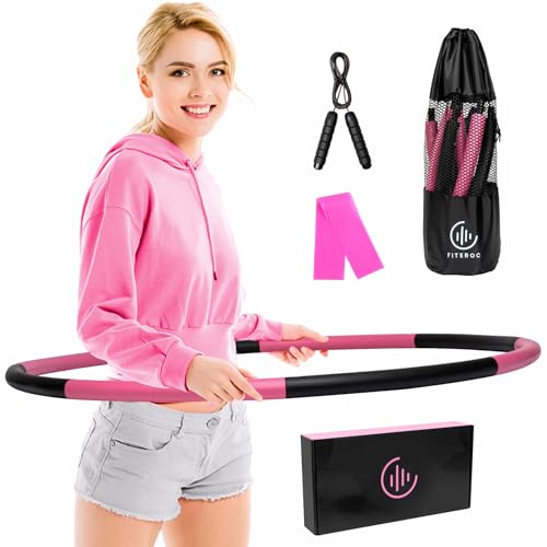Fiteroc 2.8 lb Weighted Fitness Hoop, 8 Detachable Sections, Adjustable Large Size for Core Workouts, Black/Pink