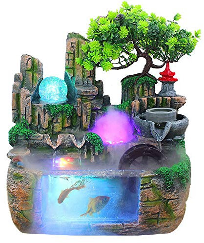 Fuente de interior Feng Shui, fuente de jardín de rocas, acuario, con bola de cristal LED y atomizador, fuente de mesa, fuente, decoración de salón