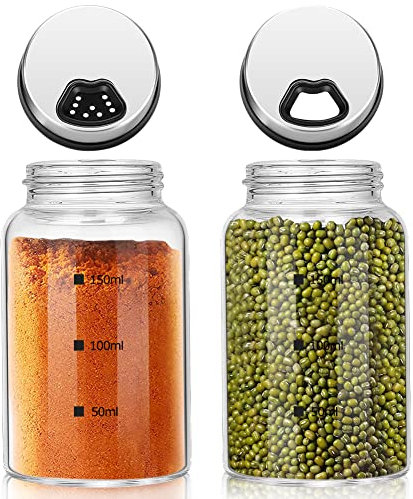 LEEPAT Barattoli per spezie con coperchio girevole, 2 pezzi in vetro borosilicato da 150 ml con 4 tipi di fori per spezie