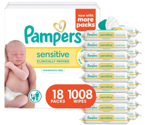 Pampers Sensitive Baby Wipes, Water Based, Hypoallergenic and Unscented, 18 Flip-Top Packs (1008 Wipes Total) [Packaging May Vary]