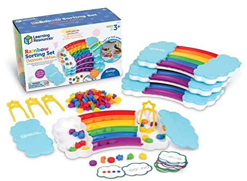 Learning Resources Regenbogen-Sortierset, Schulausgabe (4er-Set), Feinmotorisches Geschick, Sortieren, Muster legen, Additionstraining, Lern- und Lehrspielzeug, Sensorikkasten, 144-teilig, ab 3 Jahren