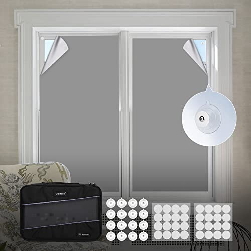 OBdeco Tragbare 100% Verdunkelung Verdunkelungsrollo Reise-Verdunkelungsvorhänge,Oeko-TEX Standard 100,einfach anzubringen,Passend für Fenster jeder Größe und Form (Grau, 145 x 200 cm)