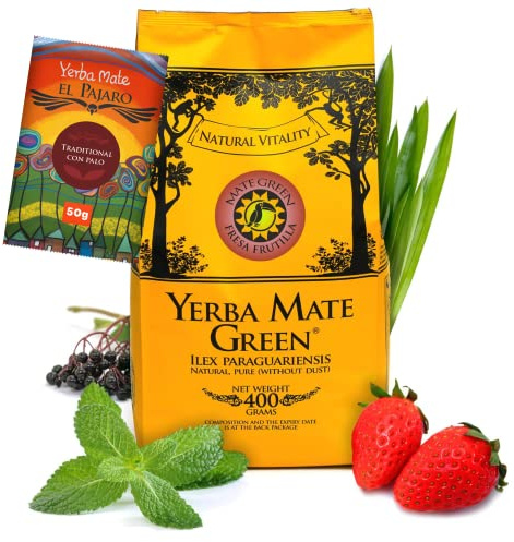 Yerba Mate Green 'Fresa Frutilla' 400g | Brasilianischer Mate-Tee mit Erdbeerfrüchten, Minze, Zitronengras und Holunderfrüchten | Natürliche Zutaten | Lose grüne Mateblätter | 50g El Pajaro