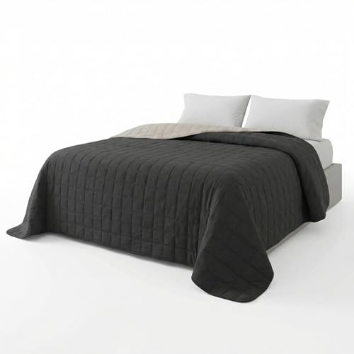 INTRECCI Copriletto Singolo Bicolore Duck Friendly 170x260 cm in Microfibra Made in Italy, Trapuntino Primaverile Estivo Trapunta Mezza Stagione Reversibile Biancheria da Letto Nero/Grigio