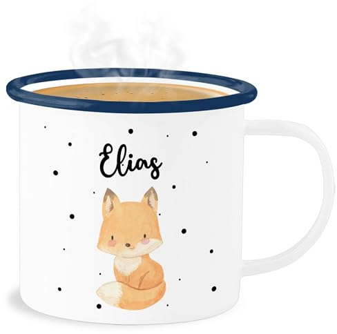 Emaille Becher Blechbecher - Tiere - Süßer Fuchs - 300 ml - Weiß Blau - tasse mug kindergarten personalisierte geschenke kita tassen child tier name kaffeebecher für tieren tiermotiv