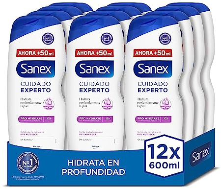 Sanex Expertvård Pro Hydrate duschgel, 12 st x 600 ml, badgel för mycket torr hud, rengör försiktigt, återfuktar och mjukar upp huden, prebiotisk och postbiotisk komplex, 12 tim