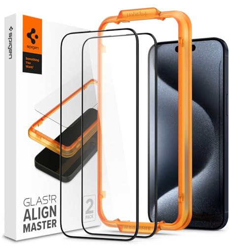Spigen Alignmaster Schutzfolie [2 Stück] für iPhone 15 Pro | Volle Abdeckung, Kratzfest, Hochauflösend, Hüllenfreundlich, 9H Härte Folie