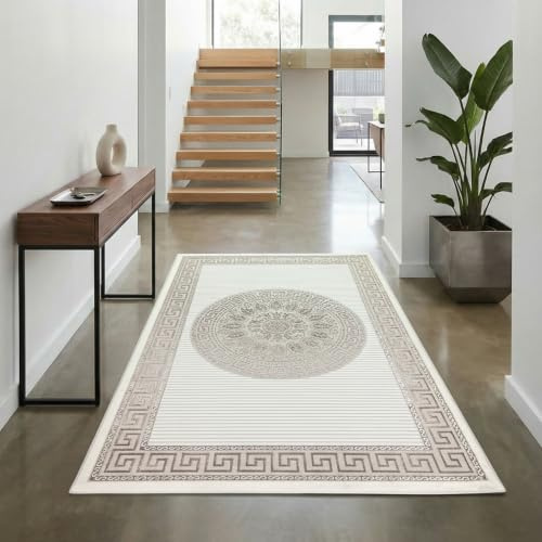 Teppich-Traum Kurzflor Teppich Orient Ornamente Creme Beige 60x110 cm | Pflegeleicht, strapazierfähig, schmutzabweisend, fußbodenheizungsgeeignet, OEKO-TEX geprüft, mit Glanzeffekt, 8 mm Flor