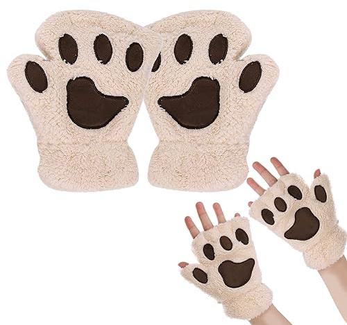 EQLEF Kvinnors Fingerlösa Handskar, Katt-Klo Vantar Söt Plysch Handskar Varma Vinterhandskar Katt-Kosplay Handskar för Kvinnor och Tonåringsflickor, Beige, 18*13*3cm