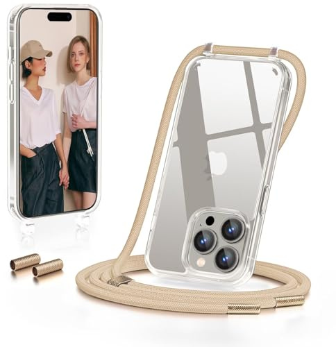 GOODVISH Handykette für iPhone 15 Pro Hülle mit Band, Helbraun | Kameraschutz und Bildschirmschutz, Transparent Necklace Handyhülle Schutzhülle für Umhängen Case mit Kordel 6.1