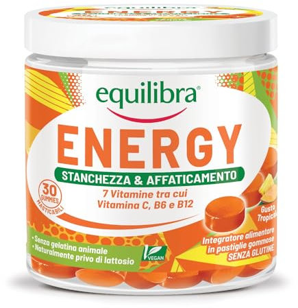 Equilibra Integratori Alimentari Energy, Integratore Multivitaminico in Pastiglie Gommose, Vitamina B12, B6 e C, Riduzione di Stanchezza e Affaticamento, Vegan, 30 Gummies Gusto Tropical