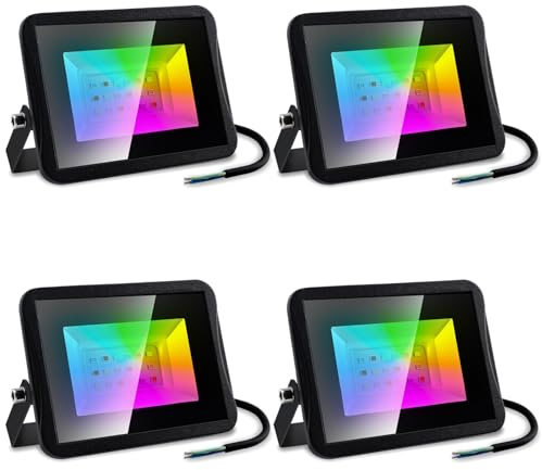 Sonnewelt RGB LED Strahler Fluter Außen 10W 4 Stück IP66 mit Fernbedienung | IP66 wasserdicht, 120° Winkel, 1m Kabel, Farbwechsel & Speicher, Alu, für Garten, Terrasse & Baum.