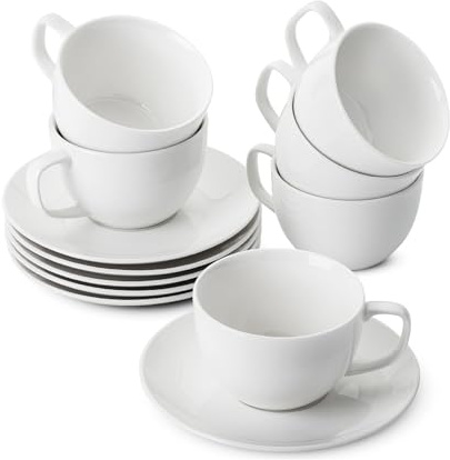 BTaT- Cappuccino Cups with Saucers 6 oz, Set of 6, White Porcelain Coffee Cup and Saucer Set for Latte, Mocha, Tea, Au Lait, Flat White, Dishwasher, Microwave, Freezer and Oven Safe, Mothers Day Gift