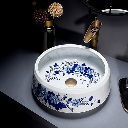 Fregadero redondo para lavabo sobre encimera, lavabo de baño de 16,5 pulgadas con grifo y escurridor, lavabo redondo de porcelana azul y blanca sobre el mostrador con flor