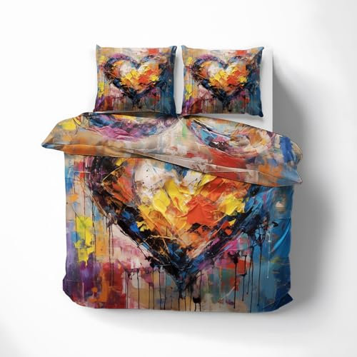 WQIZXCW Herz Bettwäsche 155x220, Bunte Kunst Wendebettwäsche, 110gsm Microfaser Bettbezug Set 2 Teilig, Weich & Kuschelig & Bügelfrei, 1 Kissenbezug 80x80, mit Reißverschluss