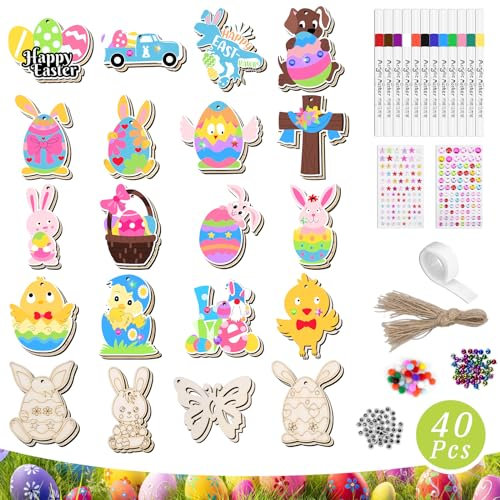 Kkluno Ostern Basteln– 40 Stück Holzanhänger Ostern zum Bemalen, Bastelset mit 12 Aquarellstiften, Strass, Schnur & Augen, DIY Osterdeko & Kreative Ostergeschenke für Mädchen & Jungen