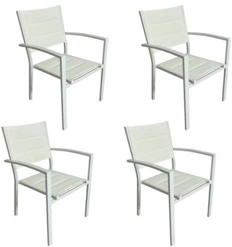 MOMMA HOME Pack 4 Sillas Terraza Exterior - Jardin Acolchadas con Reposabrazos, Material Textiline y Aluminio, Color Blanco, Medidas 87,5 x 56,5 x 57,5 cm