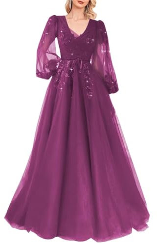 KURFACE Sequin Applique Manica Lunga Prom Dress A Line V Neck Ball Gown Sparkly Tulle Abiti da Sera Formale WSX479, Fucsia, 46