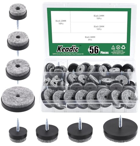 Keadic Lot de 56 patins en feutre à visser pour meubles contenant 3,8 cm, 3,8 cm, 2,5 cm, 1,2 cm, 1,2 cm, protection de sol pour meubles en bois, chaises, tables, pieds (noir)