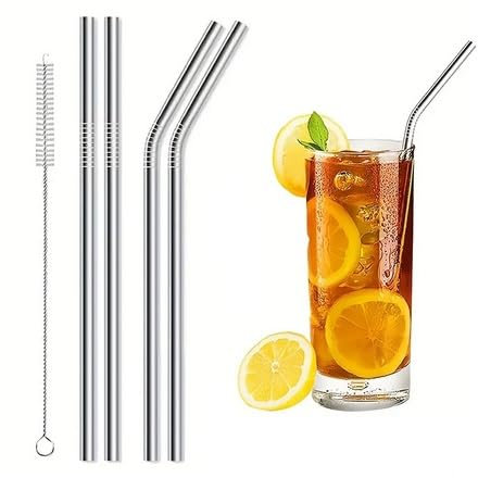 Pack of 4 Eco Friendly Reusable Metal Straws for Smoothie Cocktail Milkshake Cold Drinks (2 Straight 2 Bent and Cleaning Brush)