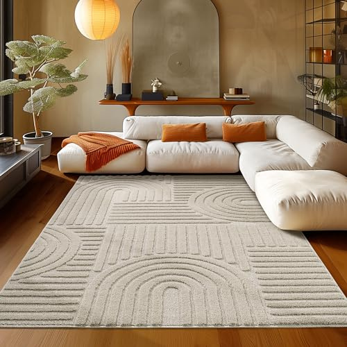 Teppium Hochflor Teppich Wohnzimmer Langflor Skandinavisch Boho Design - Pflegeleicht - Beige Teppich 160 x 230 cm