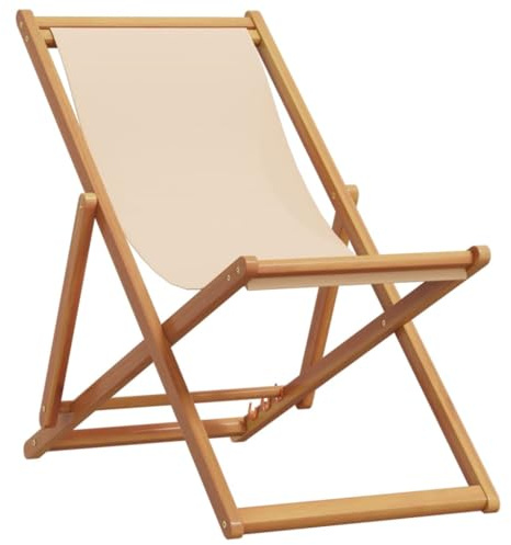 vidaXL StrandstuhL, Klappbar Gartenliege mit Kissen Armlehnen, Liegestuhl für Garten Terrasse Balkon, Strandliege, Beige Massivholz Eukalyptus Stoff