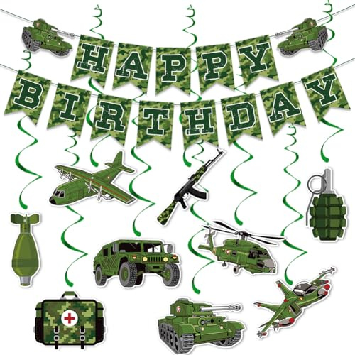 Cartel de cumpleaños de camuflaje, remolino colgante, pancarta de cumpleaños de camuflaje verde, remolino de techo, banderines de cumpleaños militares de soldado del ejército, decoración de fiesta de