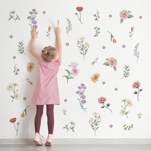 Decvictor Stickers Muraux Fleur Sauvage Rétro Colorée Autocollant Mural 15 feuilles Garden Floral DIY Decoration Murale pour Chambre Salon Allée Bureau Canapé Fond TV Mur