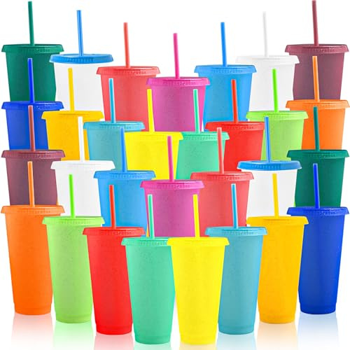 MSYU 30 Packs 24 oz Glitter Plastic Tumbler with Straw and Lid Colorful Reusable Travel Mug Water Bottle for Water Smoothie Birthday Party Supplies