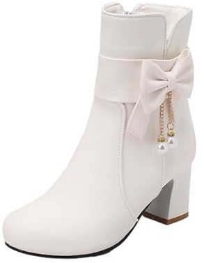 Damen-Stiefel mit Schleife und Perlen, runder Zehenbereich, hohe Absätze, Vintage, kurze Stiefel aus Leder, elegant, schick, leicht, britischer Trend, Herbst und Winter