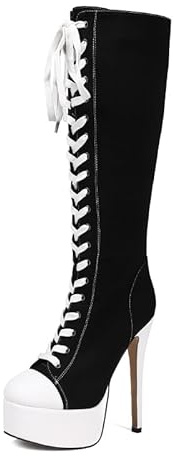 Feinlina Women's Platform Stiletto Knee HIgh Boots Fashion Round Toe Canvas Lace-up High Heel Boots