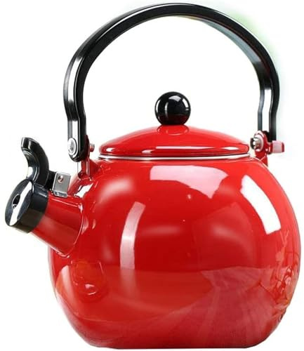 Bouilloire sifflante vintage en émail sur acier avec couvercle au gaz (rouge)