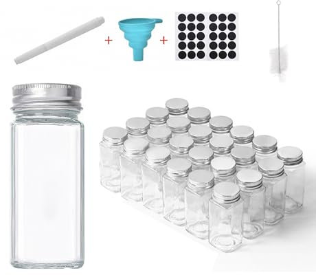 WyndShades 24 Pack 120ml Airtight Glass Spice Jars, Herb & Spice Storage Containers with Lids, Includes Funnels & Labels, Stackable for Kitchen Organization.