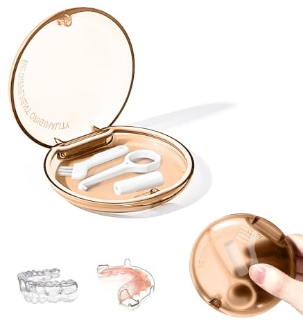 Eupneicu Boîte À Bretelles, Boîte De Rangement Prothèses, Boite A Dentier, Boite Goutiere Dent Portable, Etui Pour Dentaires Facile À Nettoyer [Abricot]
